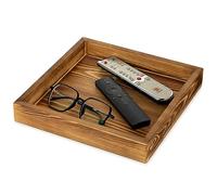 Hanobe Square Wooden Ottoman: Small Square Torched Wood Farm House Serving Tray for Coffee Table Rustic Candle Tray Distressed Organizer Storage for Remotes Keys Glasses 9.8