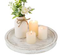 Hanobe Wooden Candle Holder Tray Round for Coffee Table, Rustic White | Farmhouse Decor, Rustic Candle Plate Display for Pillar Candle, Paulownia Wood Tray for Table Centrepiece