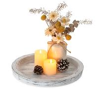 Hanobe Wooden Coffee Table Tray: Round Decorative Wood Serving Trays Rustic White Centerpiece Candle Holder Farmhouse Ottoman Tray for Decor Kitchen Counter Home Decor