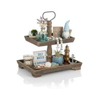 Hanobe Wooden Tiered Tray Decor: Rustic Decorative Wood 2 Tier Stand Farmhouse Brown Rectangle for Kitchen Counter Centrepiece - Serving Trays for Fall Halloween Christmas Decorations