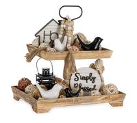Hanobe Wooden Tiered Tray Decor: Rustic Decorative Wood 2 Tier Stand Farmhouse Brown Rectangle for Kitchen Counter Centrepiece - Serving Trays for Fall Halloween Christmas Decorations