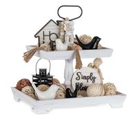 Hanobe Wooden Tiered Tray Decor: Rustic Decorative Wood 2 Tier Stand Farmhouse White Rectangle for Kitchen Counter Centrepiece - Serving Trays for Fall Halloween Christmas Decorations