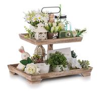 Hanobe Farmhouse Tiered Tray Stand: Rustic Wood 2 Tier Serving Tray Decor Two Rectangle Wooden for Kitchen Counter Centerpieces Coffee Bar Easter Fall Halloween Thanksgiving Christmas Decors