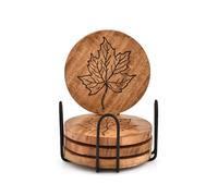 Hanol Coaster Set Iron & Acacia Wood with Leaf Pattern - Rustic Natural Wood Drink Coasters & Holder for Coffee and Dining Tables (Coaster Size - 4" X 4" X 0.5")