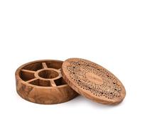 Hanol Salt & Pepper Shaker Acacia Wood Spice Box 7 Compartments - Engraved Paw Lid - Round Masala Dabba for Herbs & Seasonings - Rustic Black Finish (8” X 8” X 2.25”)