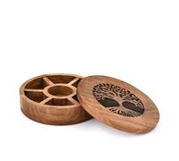 Hanol Spice Celler Black Acacia Wood Round Spice Box - Tree of Life Engraved Lid | 7 Compartment Masala Dabba for Kitchen Storage (8” X 8” X 2.25”)
