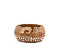 Hanol Yarn Bowl Mango Wood Yarn Bowl with White Leaf Design - Decorative Crochet & Knitting Bowl with Curl Slot (7" X 7" X 4'')