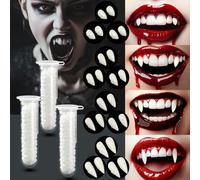 Hanqing 12 Piece Vampire Teeth Set, 4 Sizes Fangs with 3 Tube Teeth Adhesive, For Halloween Horror Party Cosplay Props