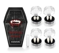 Hanqing 4 Pairs Vampire Fangs Kit, 4 Size Vampire Teeth with 1 Tube Solid Adhesive, Halloween Horror Teeth Dentures Cosplay Party Props