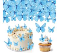 Hanqing 72 Pcs Edible Butterfly Cupcake Toppers, 3D Blue Glutinous Paper Butterflies Cupcake Decorations, Mixed Size Butterfly Cake Toppers Paper for Girls Women's Birthday Party, Cake Decorations
