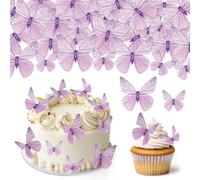 Hanqing 72 Pcs Edible Butterfly Cupcake Toppers, 3D Purple Glutinous Paper Butterflies Cupcake Decorations, Mixed Size Butterfly Cake Toppers Paper for Girls Women's Birthday Party, Cake Decorations
