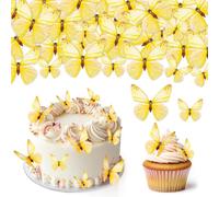 Hanqing 72 Pcs Edible Butterfly Cupcake Toppers, 3D Yellow Glutinous Paper Butterflies Cupcake Decorations, Mixed Size Butterfly Cake Toppers Paper for Girls Women's Birthday Party, Cake Decorations