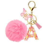 Hanqing Initial Letter Keychain, Women Butterfly Sequins Resin Alphabet Pink Keyrin, Butterfly Tassel Poms Personalised Keyring for Women Birthday Gifts
