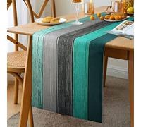 Hanrunsi Blue Table Runner Linen Green Table Runner Retro Rustic Barn Wood&Teal Grey Burlap Rectangle Table Setting Decor for Farmhouse Wedding Party Holiday Home Decor Table Runners 33 X183 cm