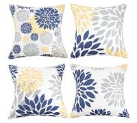 Hanrunsi Cushion Cover 45 x 45 cm Sofa Throw Pillow Cover Blue and Yellow Velvet Grey Flower Pillowcase Decorative Square for Home Bedroom Living Room 18 X18 inch Set of 4