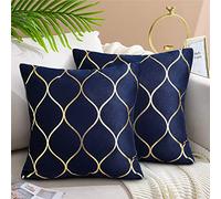 Hanrunsi Navy Blue Cushions Cover 40 x 40 cm Dark Blue with Gold Pillow Covers 16 x 16 Velvet Square Decorative Cushions Set of 2 for Living Room Sofa Chairs