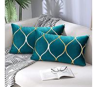 Hanrunsi Oblong Cushion Covers Teal Blue with Gold 12x20 Inch Velvet Throw Pillowcase Decorative Cushions for Office Sofa Bedroom 30cmx50cm Pack of 2
