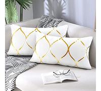 Hanrunsi White Cushions Cover with Gold Soft Velvet Lumbar Pillow Case 12x20 Inch Set of 2 Decorative Pillows for Sofa Couch Car Living room