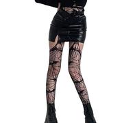 HANSAMU Halloween Spiderweb Gothic Tight Stockings Women Fishnet Stockings Suspender Pantyhose Bat Spider Web Thigh High Stockings Striped Open Crotch Mesh Tights（Black）, Black, M