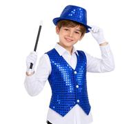 Hansber Boys Magic Show Dress-up Shiny Ringmaster Costume Blue 7-8 Years | Lion Tamer Costume,Halloween Cosplay,Circus Show,5 Pieces Sets,Button Down,Sequins Hat,Sleeveless Vest,School Carnival Sets