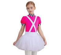 Hansber Girls Chocolate Factory Worker Costume Short Stripe-Cuffed Sleeves Puffy Built-In Crotch Press Buttons Dress Hot Pink 5-6 Years