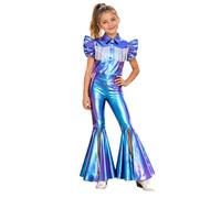 Hansber Girls Kids Halloween Cosplay Retro Disco Costume Blue 5-6 Years | Western Cowgirls Suits,Dancing Queen Costume,Flutter Sleeve,Tassel Shirts,Two Pieces Sets,1970s Retro Dance Suits