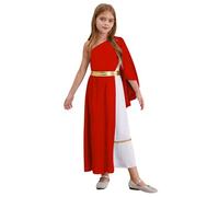 Hansber Girls Roman Greek God Outfits One Shoulder Maxi Dress Halloween Christmas Birthday Party Costume Red 9-10 Years