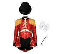Hansber Kids Girls 4Pcs Sequins Circus Ringmaster Costume Halloween Cosplay Jacket with Hat Gloves Magic Wand Red 11-12 Years