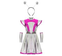 Hansber Kids Girl's Alien Costume Halloween Party Cosplay Outfits Metallic Dress with Sleeve Cover And Headband Pink 11-12 Years