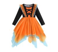 Hansber Kids Girls Halloween Cosplay Costume Long Sleeve Bat Print Dress Mesh Skirt Patchwork TuTu Dress Orange 6-7 Years