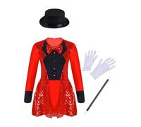 Hansber Kids Girls Magician Costume Set Leotard with Hat Magic Wand Gloves Soft Magic Trick Stage Performance Outfit Red 11-12 Years