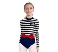 Hansber Kids Girls Prisoner Convict Costume Long Sleeve Strip Leotard Performance Halloween Fancy Dress Up Navy Blue 13-14 Years