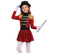 Hansber Kids Girls Ringmaster Circus Magician Costume Shiny Sequin Bodysuit with Hat Magic Wand Gloves Accessory Set Red 11-12 Years