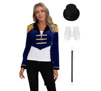 Hansber Womens Ringmaster Magician Circus Cosplay Costume Velvet Tailcoat with Top Hat Gloves and Magic Wand Set Navy Blue S