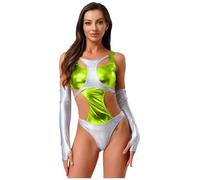 Hansber Women's Space Alien Costume Metallic Sleeveless Leotard with Gloves for Cosplay Clubwear Green L