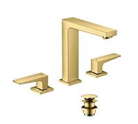 hansgrohe 32515990 Metropol 3-Loch Waschtischarmatur 160 mit Hebelgriffen und Push-Open Ablaufgarnitur Polished Gold Optic 3-Hole washbasin Mixer tap, spout Height 160 mm