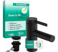 hansgrohe 74714670 Zesis S Single Lever Basin Mixer 70 CoolStart with Metal pop-up Waste Set, Matt Black