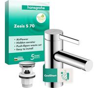 hansgrohe 74715000 Zesis S Single Lever Basin Mixer 70 CoolStart with Push-Open Waste Set, Chrome
