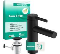 hansgrohe 74720670 Zesis S Single Lever Basin Mixer 100 CoolStart with pop-up Waste Set, Matt Black
