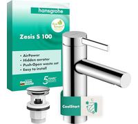 hansgrohe 74724000 Zesis S Single Lever Basin Mixer 100 CoolStart with Push-Open Waste Set, Chrome