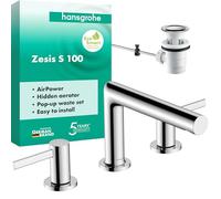 hansgrohe 74733000 Zesis S 3-Hole Basin Mixer 100 with pop-up Waste Set, Chrome