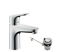hansgrohe basin mixer tap Focus, basin tap with spout height 100mm, energy-saving (CoolStart, water-saving (EcoSmart), with pop-up waste set, chrome, 31621000