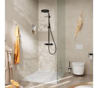 hansgrohe Pulsify S Puro - water-saving shower system (EcoSmart) with thermostat, rainfall shower head (260 mm), hand shower, shower hose, shower rail and head shower round, matt black, 24223670