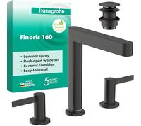 hansgrohe Finoris - 3-Hole Bathroom tap with Push-Open Waste Set, Bathroom Sink tap with spout Height 169 mm, Basin Mixer Water-Saving (EcoSmart), Brushed Black Chrome, 76034340