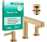 hansgrohe Finoris - 3-Hole Bathroom tap with Push-Open Waste Set, Bathroom Sink tap with spout Height 113 mm, Basin Mixer Water-Saving (EcoSmart), Brushed Bronze, 76033140