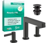 hansgrohe Finoris - 3-Hole Bathroom tap with Push-Open Waste Set, Bathroom Sink tap with spout Height 113 mm, Basin Mixer Water-Saving (EcoSmart), Brushed Black Chrome, 76033340
