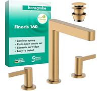 hansgrohe Finoris - 3-Hole Bathroom tap with Push-Open Waste Set, Bathroom Sink tap with spout Height 169 mm, Basin Mixer Water-Saving (EcoSmart), Brushed Bronze, 76034140