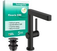 hansgrohe Finoris - Bathroom tap with Push-Open Waste Set, with Pull-Out Spray (2 Sprays), Bathroom Sink tap, spout Height 221 mm, Basin Mixer Water-Saving (EcoSmart), Brushed Black Chrome, 76063340