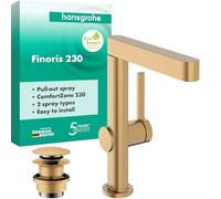 hansgrohe Finoris - Bathroom tap with Push-Open Waste Set, with Pull-Out Spray (2 Sprays), Bathroom Sink tap with spout Height 221 mm, Basin Mixer Water-Saving (EcoSmart), Brushed Bronze, 76063140