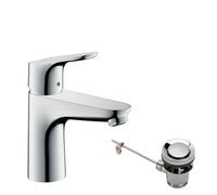 hansgrohe Focus - bathroom tap with pop-up waste set, bathroom sink tap with spout height 94 mm, basin mixer tap water-saving (EcoSmart), chrome, 31607000